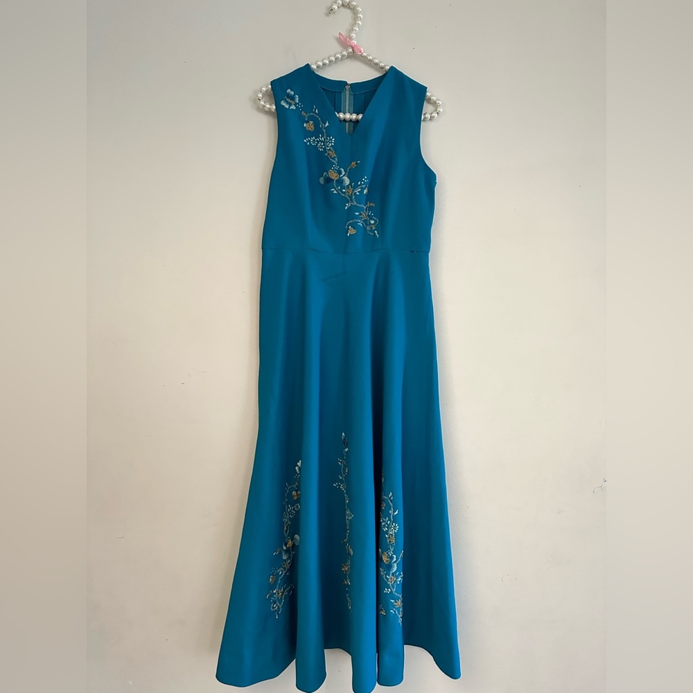 Vintage 70’s Maxi Embroidered Turquoise Sleeveless Dress - Picture 6 of 9